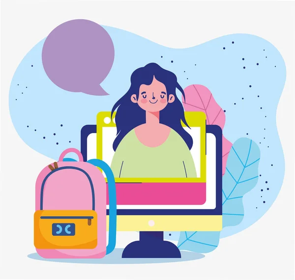 Edukacja online, student komputerowy dziewczyna plecak szkoły — Wektor stockowy