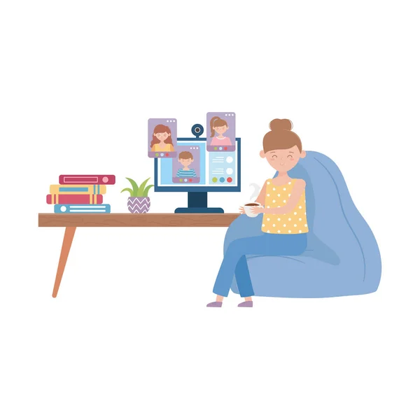Μείνετε στο σπίτι, μελετώντας online βιβλία ανθρώπων και στο γραφείο — Διανυσματικό Αρχείο