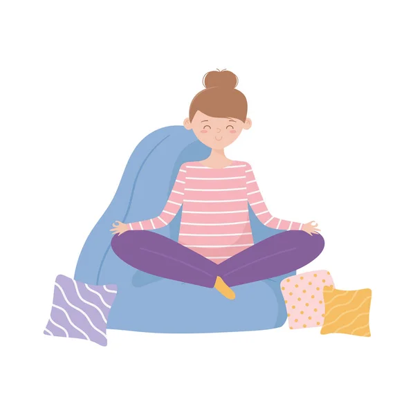 Ficar em casa, menina praticando meditação de ioga no tapete —  Vetores de Stock