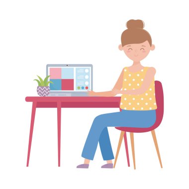 Evde kal, bilgisayarlı online eğitim öğretmeni.