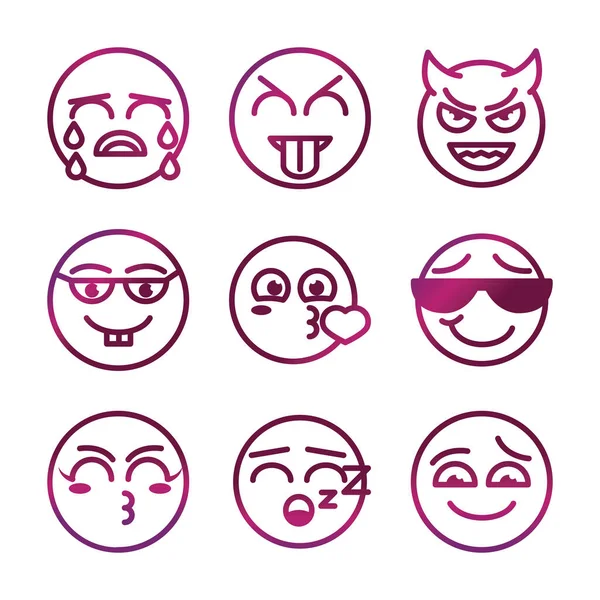 Emoticono divertido sonriente caras expresión iconos conjunto — Archivo Imágenes Vectoriales