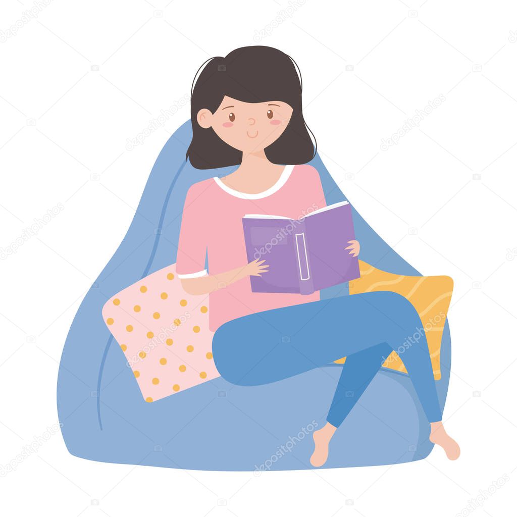 girl reading book on chair isolated icon on white background
