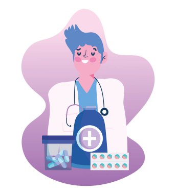 Teşekkürler doktorlar, ilaç şişesi ambalaj hapları olan doktor.