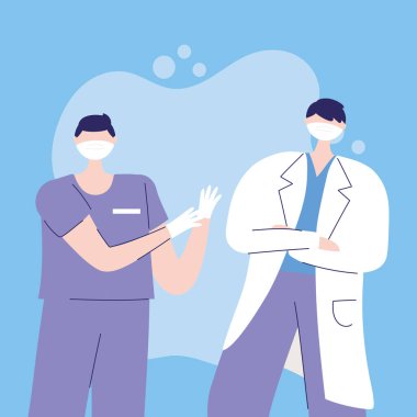 Teşekkürler, doktorlar, hemşireler, doktor ve hemşire maske takan erkek karakterler.