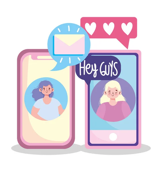 Comunicação de pessoas e tecnologia, meninas smartphone conversando mensagem sms e-mail amor — Vetor de Stock