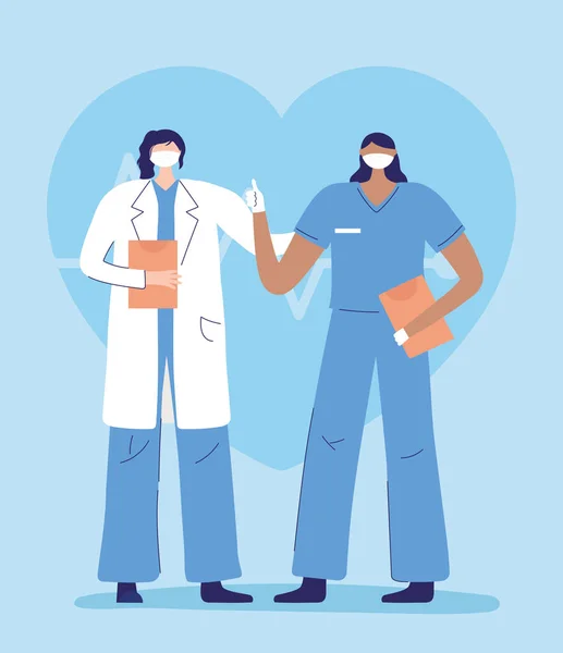 Χάρη, γιατροί, νοσοκόμες, γυναίκες γιατροί και νοσοκόμες με μάσκες και ιατρική έκθεση — Διανυσματικό Αρχείο