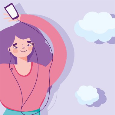 Kız kulaklıkla müzik dinliyor ve eğleniyor.