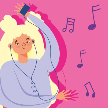 Kız kulaklıkla müzik dinliyor ve eğleniyor.