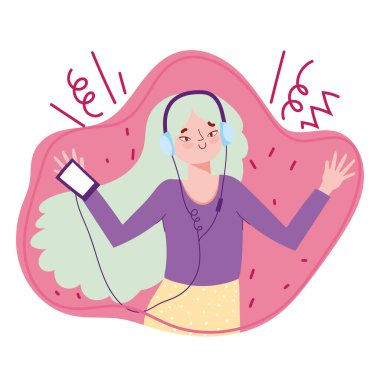 Akıllı telefonu ve kulaklığı olan gülümseyen kız müzik dinliyor.