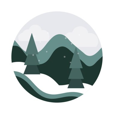 tabiat, düşen kar çam ağaçları, tepeler, düz ikon.