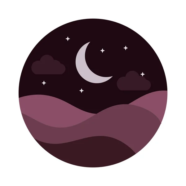 Paisagem natureza colinas meia lua estrelas noite estilo plano ícone — Vetor de Stock