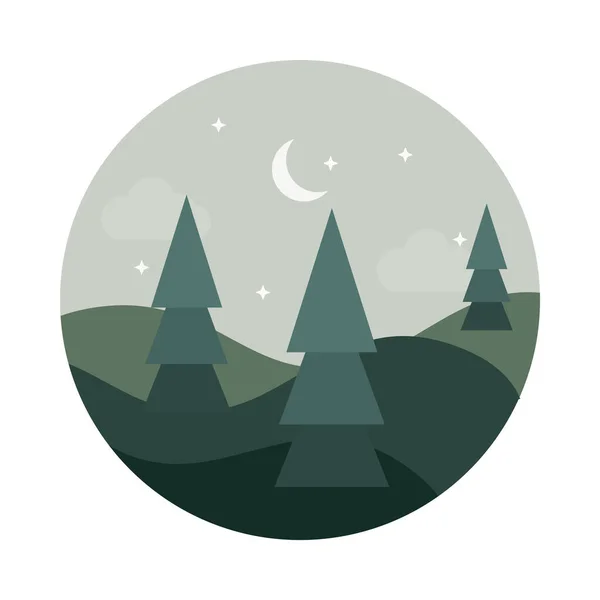 Landschaft Natur Bäume Hügel Halbmond Sterne flache Stil-Ikone — Stockvektor