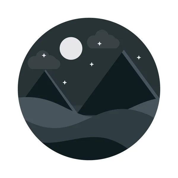 Krajina příroda poušť pyramidy měsíc hvězdy noc plochý styl ikona — Stockový vektor