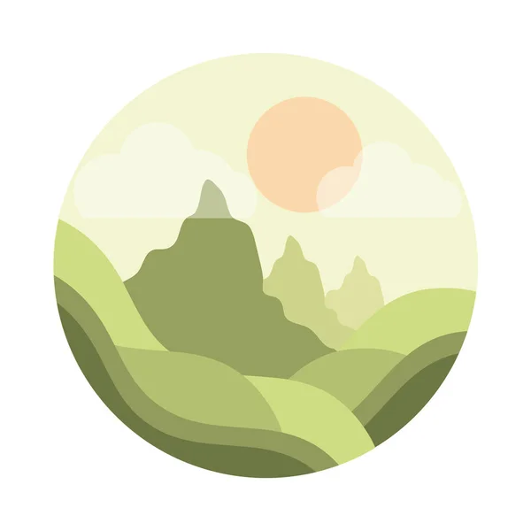 Paisaje naturaleza sol montañas colinas verde escena plano estilo icono — Vector de stock