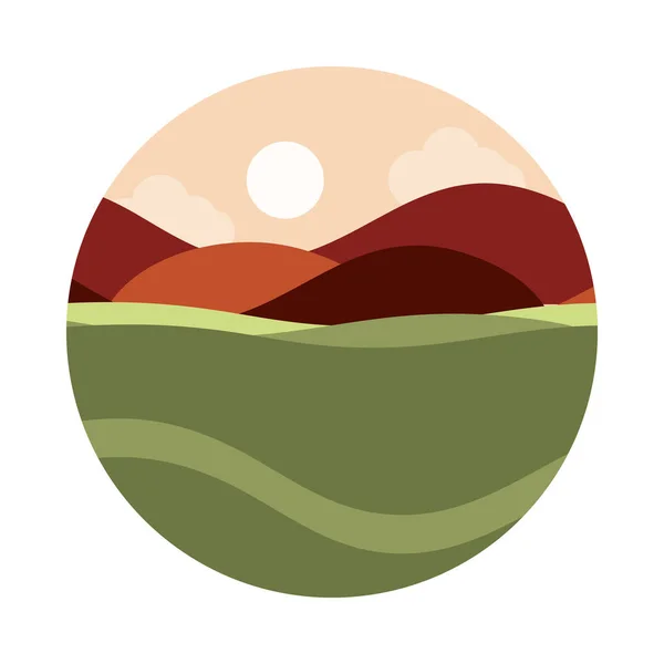 Manzara doğa güneş gökyüzü tepeleri arazi panoramik düz stil ikonu — Stok Vektör