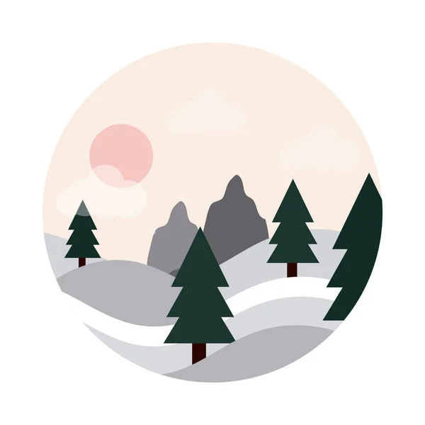 Paisaje naturaleza colinas pinos bosque sol estilo plano icono — Vector de stock