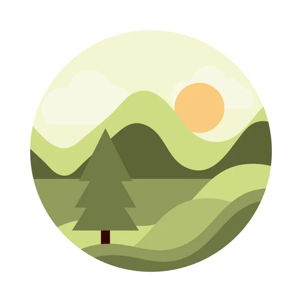 Paisaje naturaleza colinas pino árbol sol estilo plano icono — Vector de stock