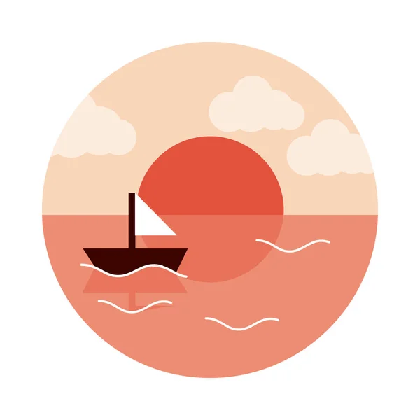 Landschaft Natur Ozean Sonnenuntergang Segelboot flach Stil-Symbol — Stockvektor
