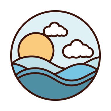 manzara doğa göl güneşi ve dağlar çizgi ve ikonu doldurur