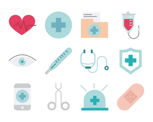 Medical health care equipment assistance support icons set line and fill style — Stock Vector