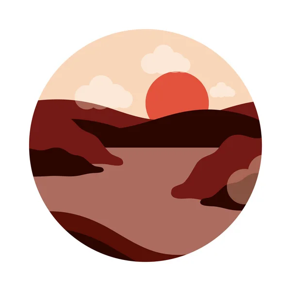 Paisagem natureza pôr do sol colinas rio campo estilo plano ícone — Vetor de Stock