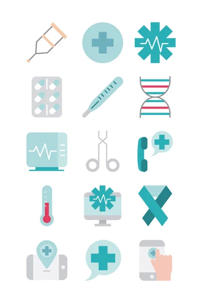 Matériel médical de soins de santé assistance soutien icônes définir la ligne et le style de remplissage — Image vectorielle