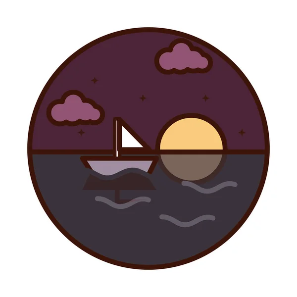 Paisaje naturaleza noche luna estrellas velero mar línea y llenar icono — Vector de stock