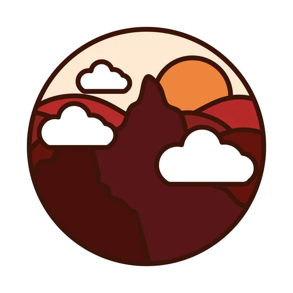 Landschaft Natur Gipfel Berg Wolken Sonne Linie und füllen Symbol — Stockvektor