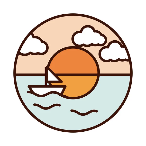 Krajobraz natura ocean zachód słońca żaglówka linii i wypełnić ikonę — Wektor stockowy