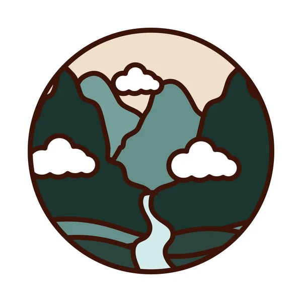 Landscape nature mountains and river valley line and fill icon - Stok Vektor