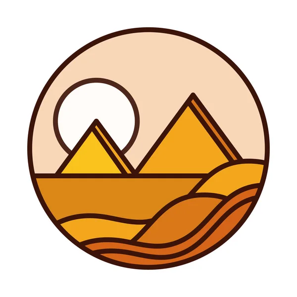 Landscape nature desert pyramids and sun line and fill icon — Stock Vector