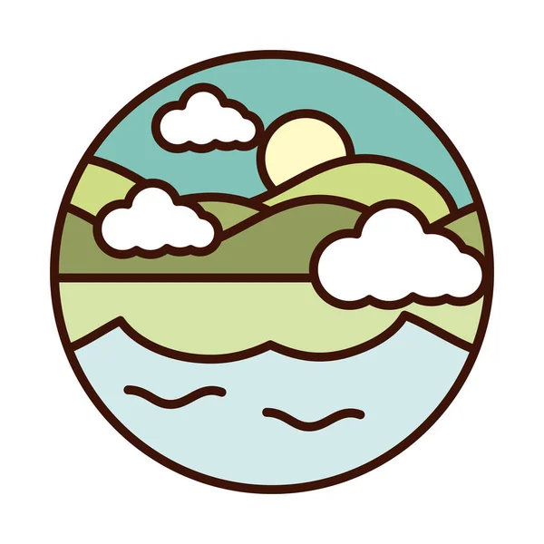 Paisaje naturaleza lago sol y montañas línea y llenar icono — Vector de stock