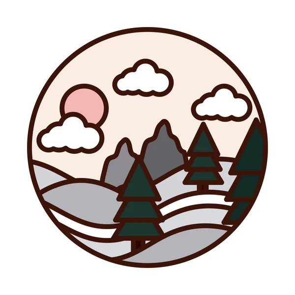 Paisaje naturaleza colinas pinos bosque sol línea y llenar icono — Vector de stock