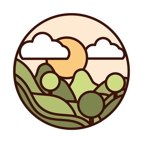 Paisaje naturaleza montañas alrededor de árboles bosque sol línea y llenar icono — Vector de stock