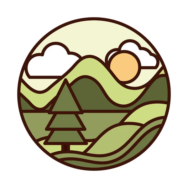 Táj természet hegyek fenyő fa napvonal és töltse ki ikon — Stock Vector
