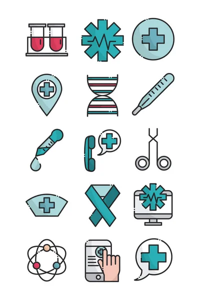 Medizinische Gesundheitsausrüstung Unterstützung Symbole setzen Linie und füllen Stil — Stockvektor