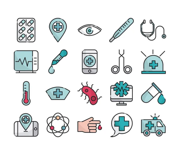 Orvosi egészségügyi berendezések segítségnyújtás támogatás ikonok beállított vonal és töltse stílus — Stock Vector