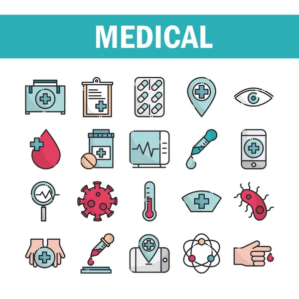 Medizinische Gesundheitsausrüstung Unterstützung Symbole setzen Linie und füllen Stil — Stockvektor
