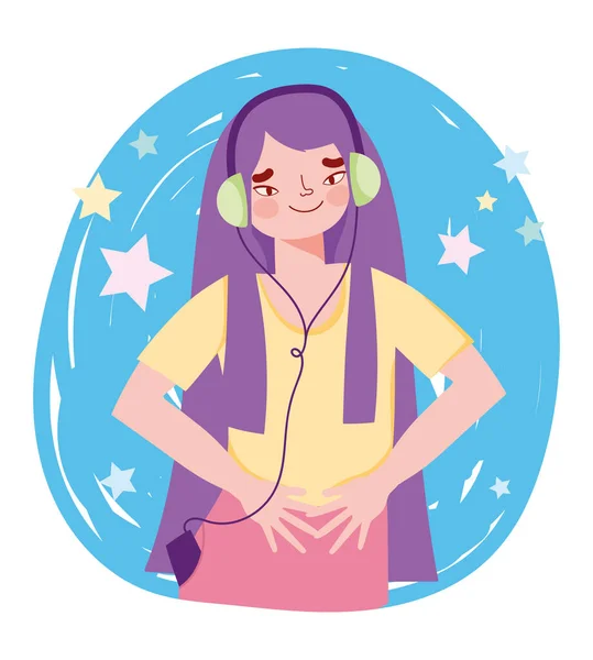 ヘッドフォンを装着した若い女の子モバイルリスニング音楽 — ストックベクタ