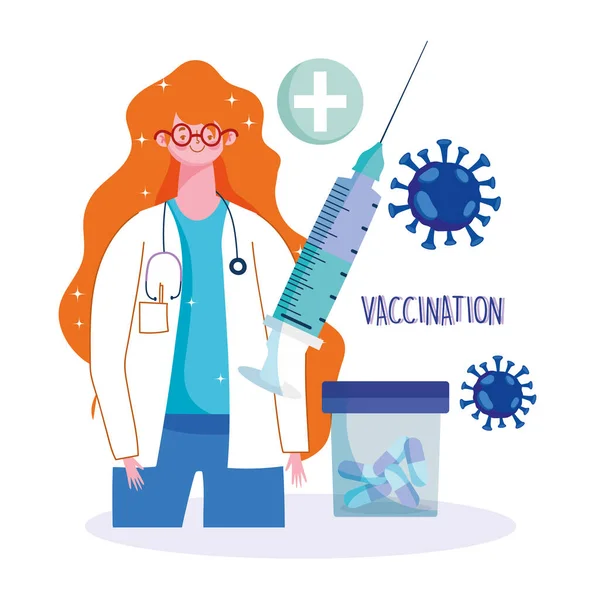 女医生药丸和注射器医疗保健疫苗 — 图库矢量图片