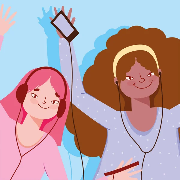 Glückliche Mädchen hören Musik mit Smartphone und Kopfhörer — Stockvektor