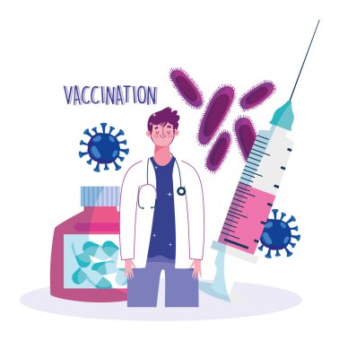 Şırıngalı doktor ve kapsül reçeteli sağlık aşısı.