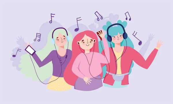 Gruppenmädchen hören Musik mit Smartphone über Kopfhörer — Stockvektor