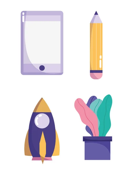 Tecnología de creatividad, iconos de la planta del cohete del lápiz del smartphone — Archivo Imágenes Vectoriales