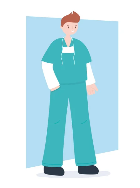 Médicos e enfermeiros, enfermeiro com máscara médica e desenho animado uniforme —  Vetores de Stock