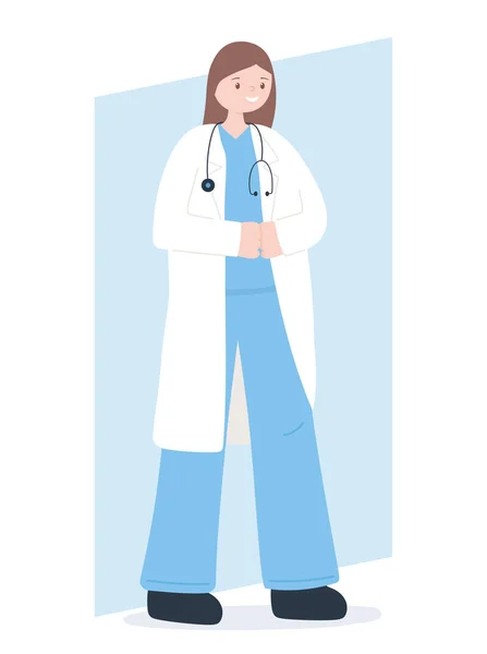 医生和护士，女医生性格与听诊器和外套 — 图库矢量图片