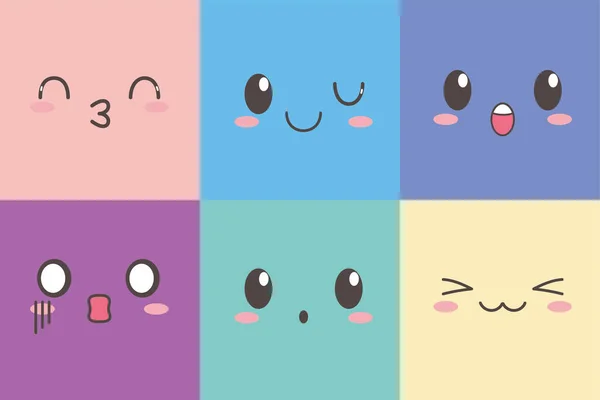 Kawaii obličeje rozkošný výraz emoticon karikatura znaková sada — Stockový vektor