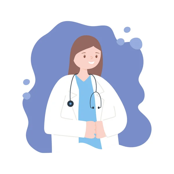 Médicos y enfermeras, personaje médico femenino con estetoscopio y caricatura de abrigo — Vector de stock