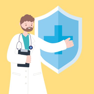 Doktorlar, hemşireler, pano kalkanlarını koruyan doktor.