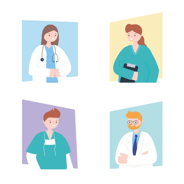 Médicos y enfermeras, médicos enfermeras hombres mujeres personajes de dibujos animados personal médico — Vector de stock